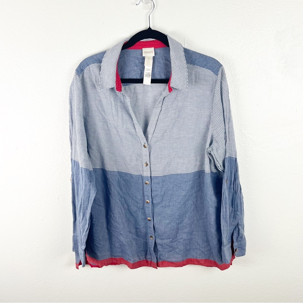 CHICO’S 100% Cotton Blue Striped Roll Tab Sleeves Button Shirt, Size XL